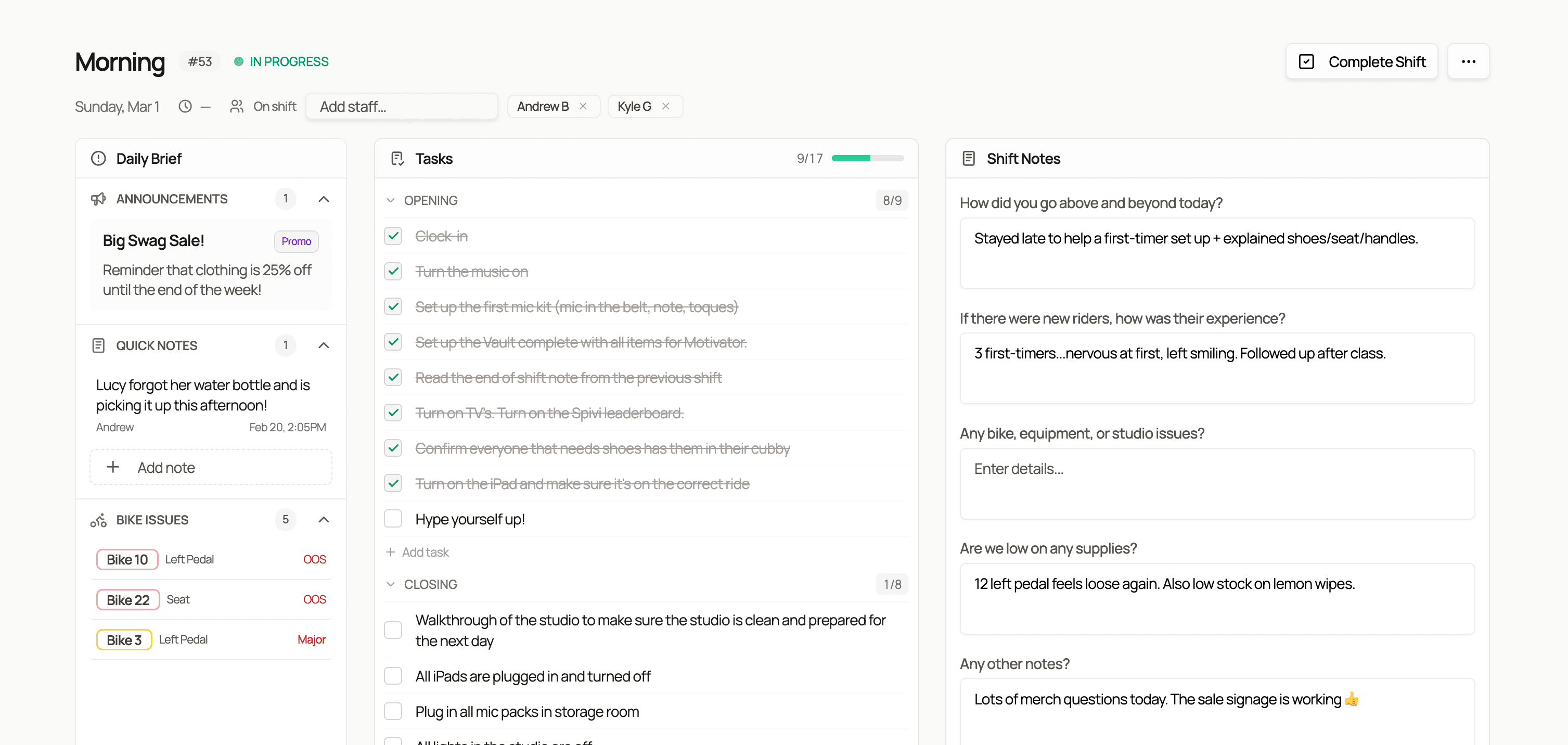Frontdesk dashboard showing shift management